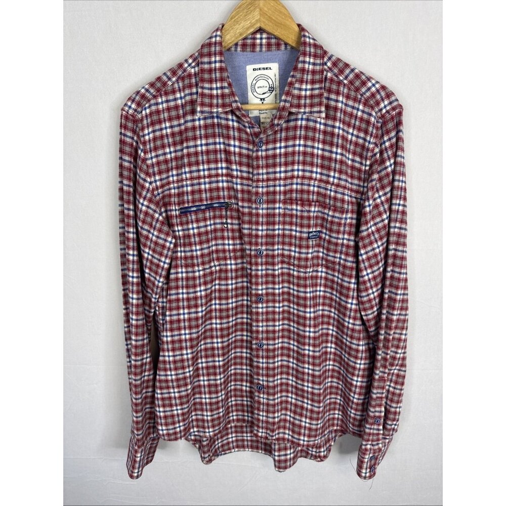 Diesel Plaid Flannel Shirt Mens XL Red Blue Zip Chest Pocket 100% Cotton
